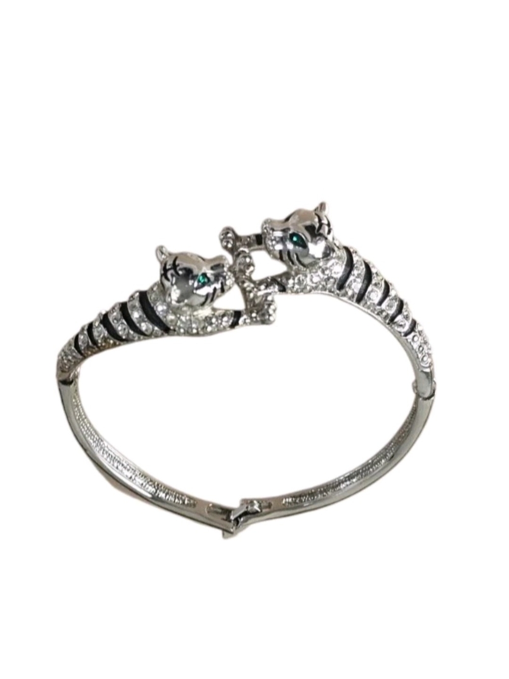 Silver Tiger Head Crystal Hinged Bangle Bracelet - Women Jewelry 7"